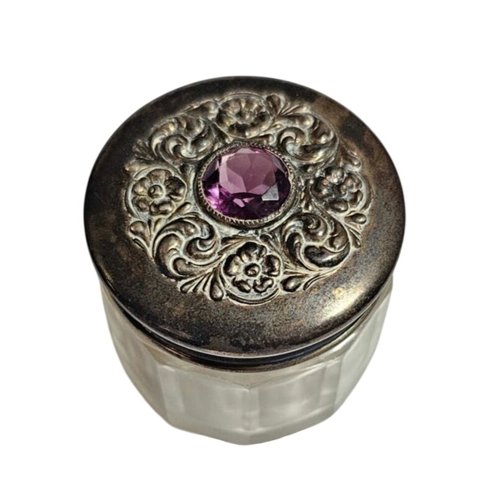 Antique Victorian Sterling Silver Crystal Inkwell Amethyst Topped Vanity Jar
